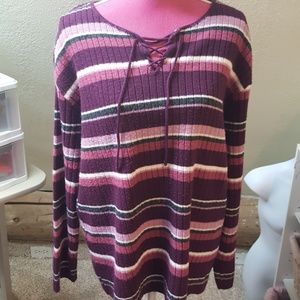 Maroon Pink Stripe Lace Up Sweater